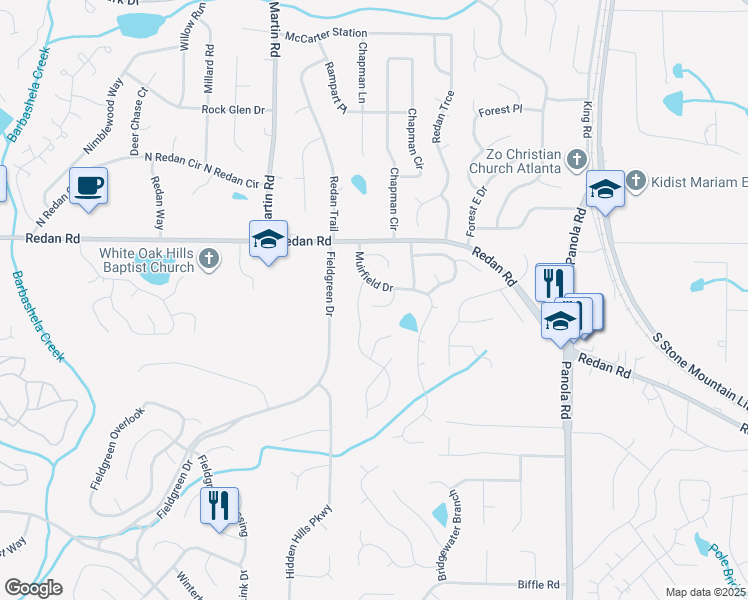 map of restaurants, bars, coffee shops, grocery stores, and more near 5220 Sweet Air Lane in Stone Mountain