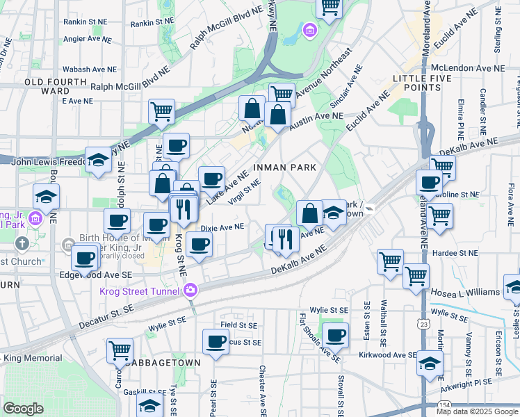 map of restaurants, bars, coffee shops, grocery stores, and more near 865 Ashland Avenue Northeast in Atlanta