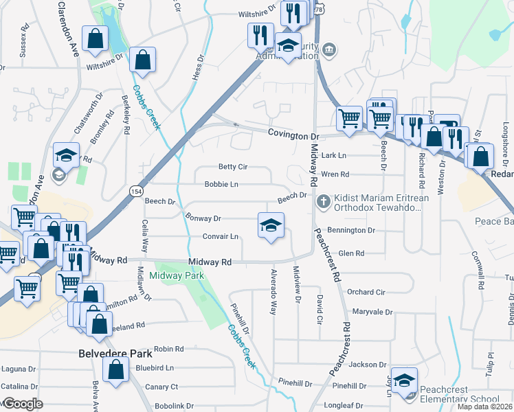 map of restaurants, bars, coffee shops, grocery stores, and more near 1253 Tacoma Way in Decatur