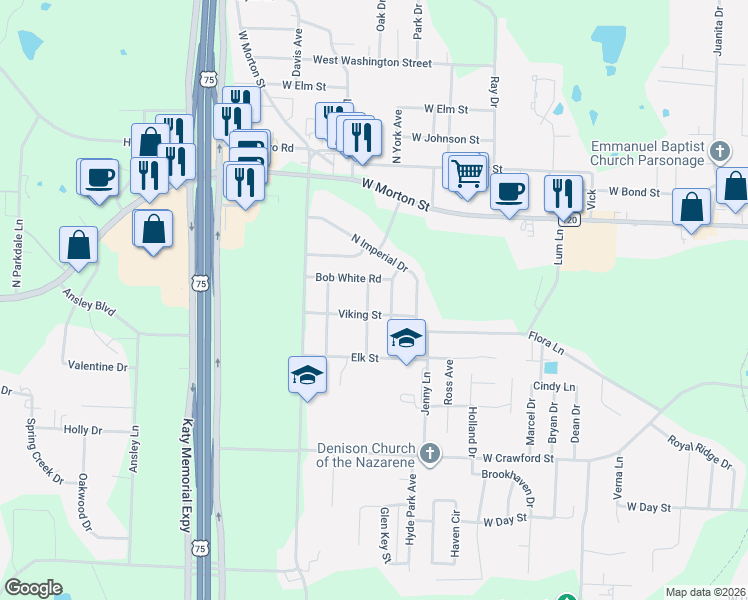 map of restaurants, bars, coffee shops, grocery stores, and more near 101 North Hickory Avenue in Denison