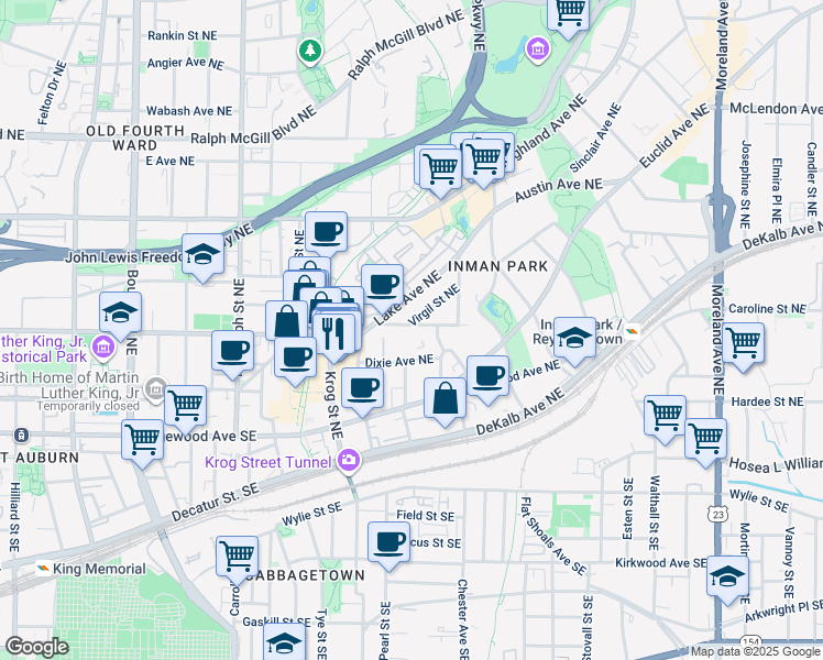 map of restaurants, bars, coffee shops, grocery stores, and more near 807 West Ashland Avenue Northeast in Atlanta
