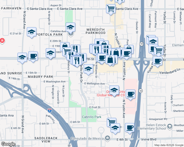 map of restaurants, bars, coffee shops, grocery stores, and more near 1345 Cabrillo Park Drive in Santa Ana