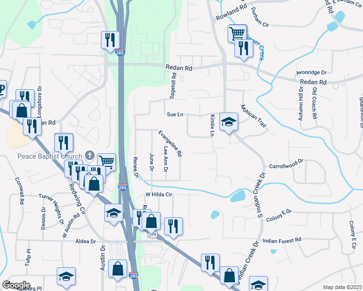 map of restaurants, bars, coffee shops, grocery stores, and more near 4104 Katrina Court in Decatur