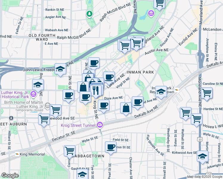 map of restaurants, bars, coffee shops, grocery stores, and more near 807 West Ashland Avenue Northeast in Atlanta