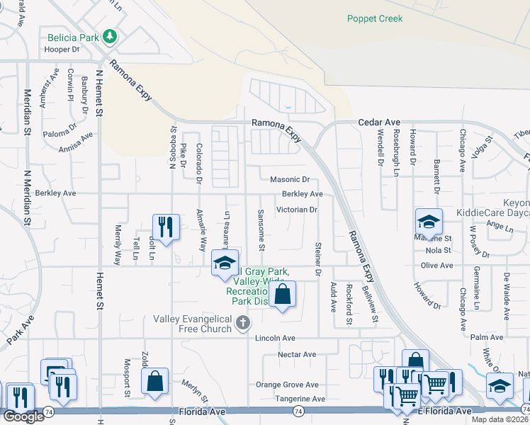 map of restaurants, bars, coffee shops, grocery stores, and more near 25067 Sansome Street in Hemet