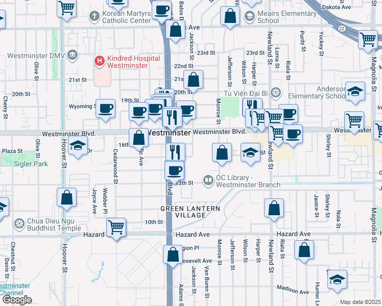 map of restaurants, bars, coffee shops, grocery stores, and more near 8141 13th Street in Westminster