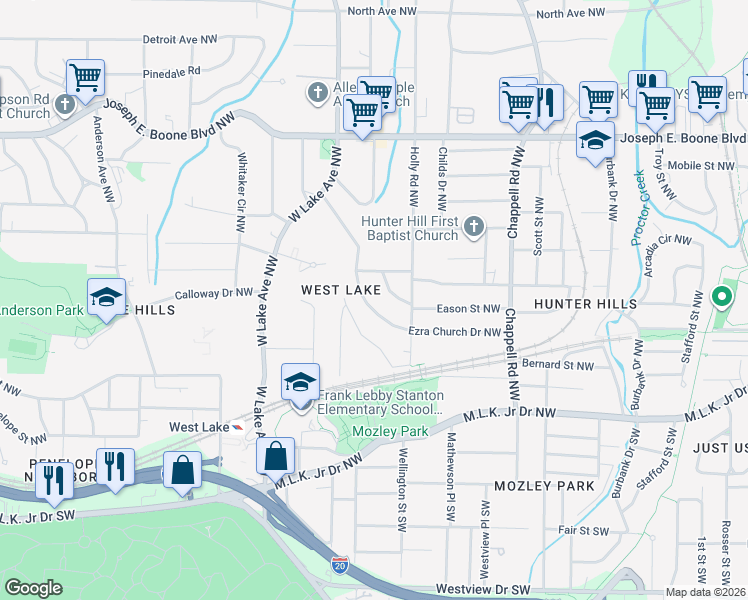 map of restaurants, bars, coffee shops, grocery stores, and more near 1583 Ezra Church Drive Northwest in Atlanta