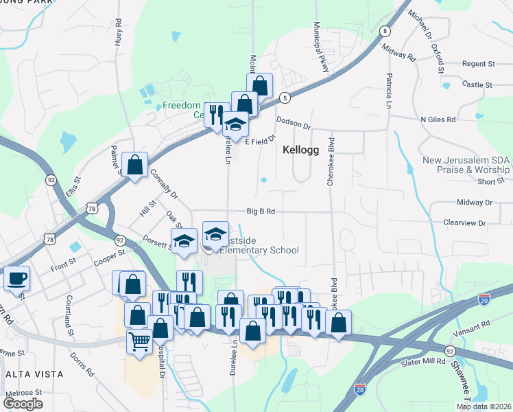 map of restaurants, bars, coffee shops, grocery stores, and more near 4646 Big B Road in Douglasville