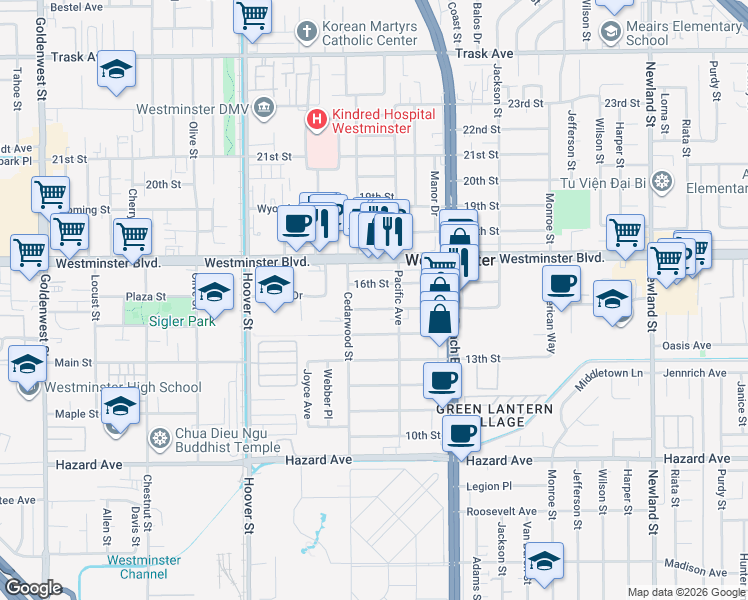 map of restaurants, bars, coffee shops, grocery stores, and more near 7791 15th Street in Westminster