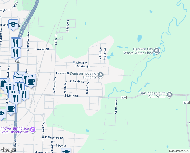 map of restaurants, bars, coffee shops, grocery stores, and more near 726 East Sears Street in Denison