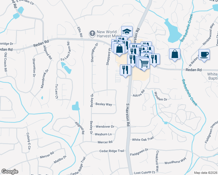 map of restaurants, bars, coffee shops, grocery stores, and more near 4634 Bexley Drive in Stone Mountain