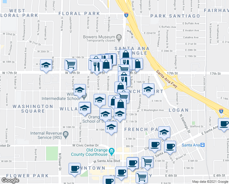 map of restaurants, bars, coffee shops, grocery stores, and more near 202 West 15th Street in Santa Ana