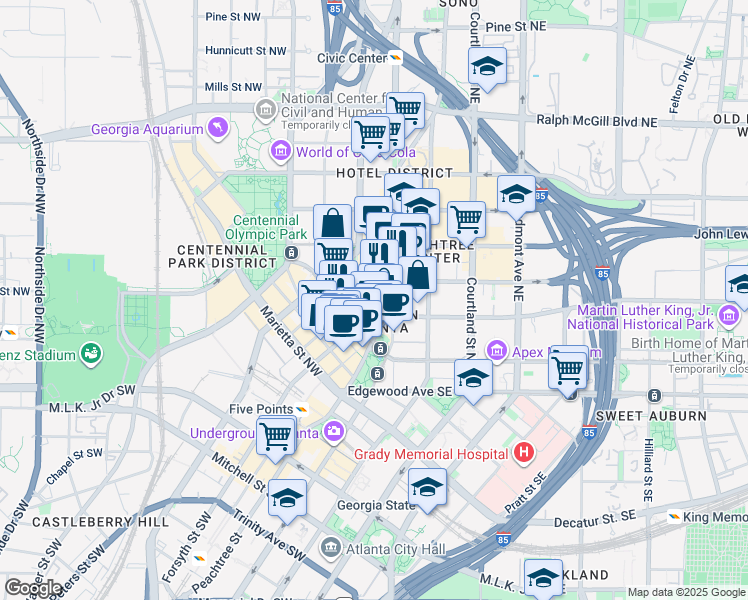 map of restaurants, bars, coffee shops, grocery stores, and more near 126 Carnegie Way Northwest in Atlanta