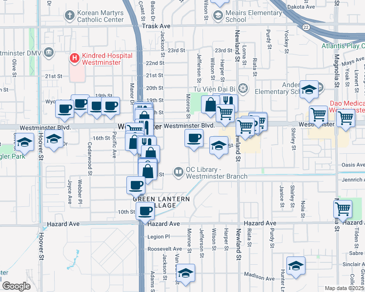 map of restaurants, bars, coffee shops, grocery stores, and more near 8200 Westminster Boulevard in Westminster