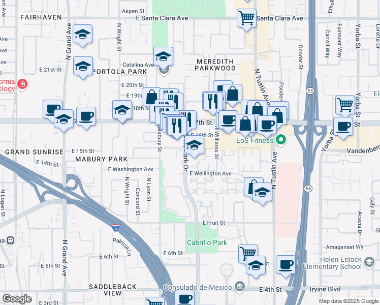 map of restaurants, bars, coffee shops, grocery stores, and more near 1345 Cabrillo Park Drive in Santa Ana