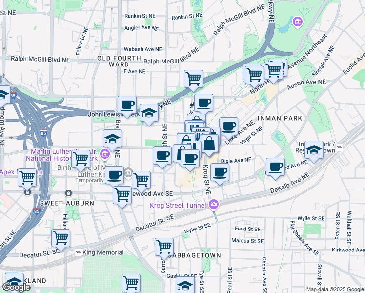 map of restaurants, bars, coffee shops, grocery stores, and more near 631 Irwin Street Northeast in Atlanta