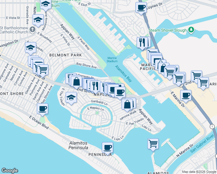 map of restaurants, bars, coffee shops, grocery stores, and more near 264 North Ravenna Drive in Long Beach