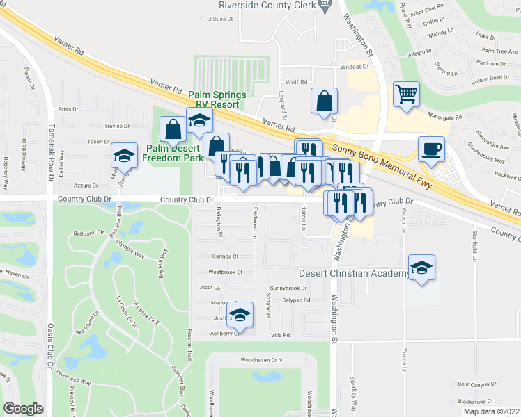map of restaurants, bars, coffee shops, grocery stores, and more near 40072 Eastwood Lane in Palm Desert
