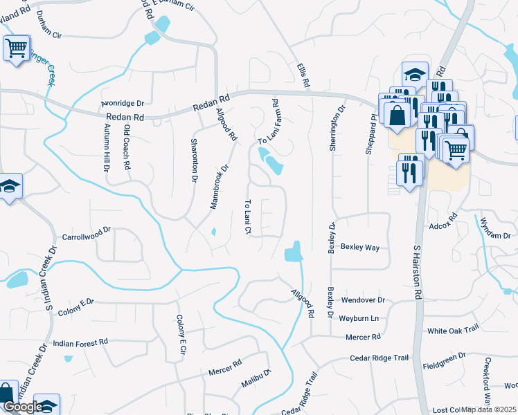 map of restaurants, bars, coffee shops, grocery stores, and more near 1223 To Lani Path in Stone Mountain