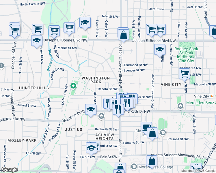 map of restaurants, bars, coffee shops, grocery stores, and more near 977 Desoto Street Northwest in Atlanta