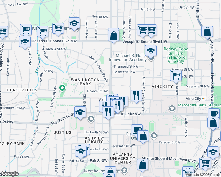 map of restaurants, bars, coffee shops, grocery stores, and more near 118 Joseph East Lowery Blvd in Atlanta