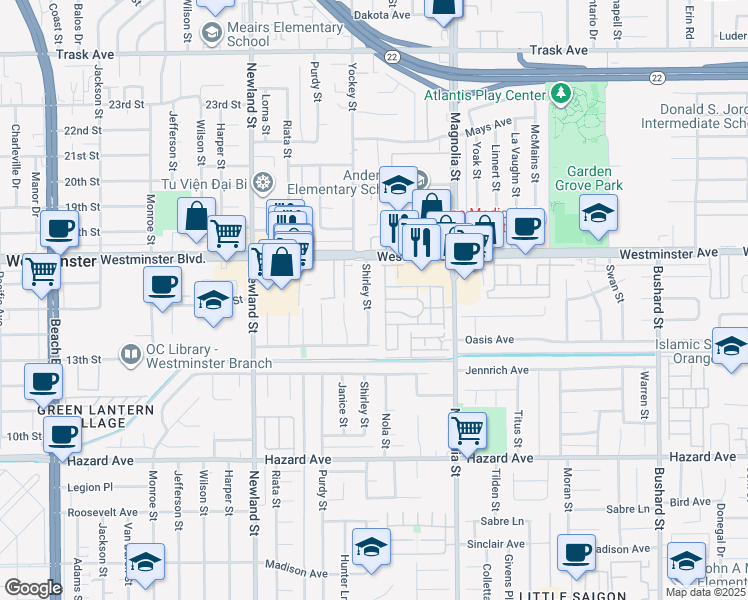 map of restaurants, bars, coffee shops, grocery stores, and more near 14131 Shirley Street in Westminster