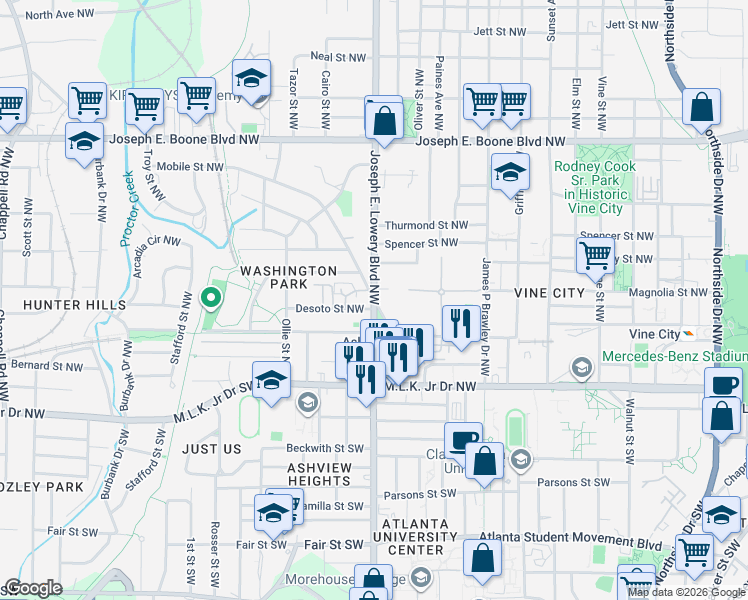 map of restaurants, bars, coffee shops, grocery stores, and more near Joseph East Lowery Blvd & Mayson Turner Rd NW in Atlanta