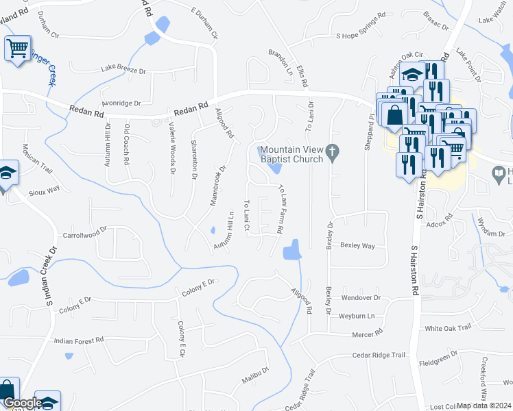 map of restaurants, bars, coffee shops, grocery stores, and more near 1211 To Lani Path in Stone Mountain