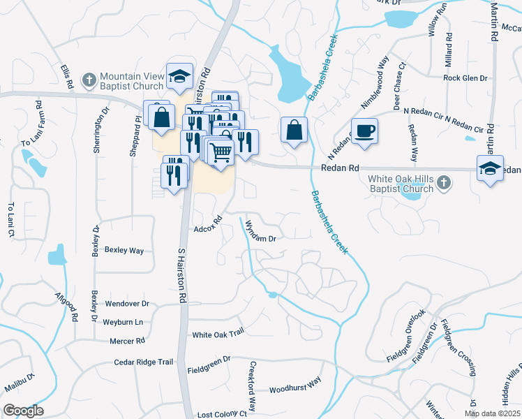 map of restaurants, bars, coffee shops, grocery stores, and more near 4808 Fenbrook Drive in Stone Mountain
