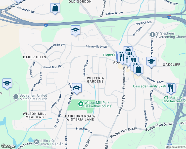map of restaurants, bars, coffee shops, grocery stores, and more near 479 Charter Oak Drive Southwest in Atlanta
