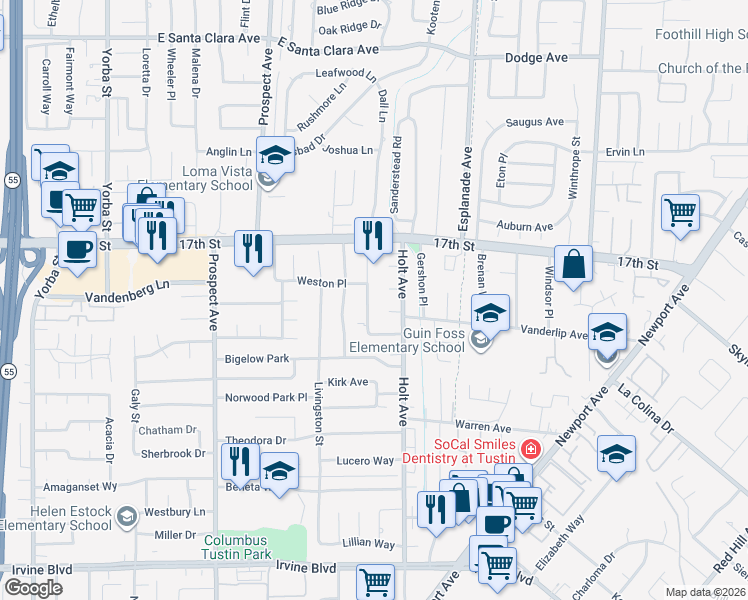 map of restaurants, bars, coffee shops, grocery stores, and more near 14142 Dall Lane in Tustin