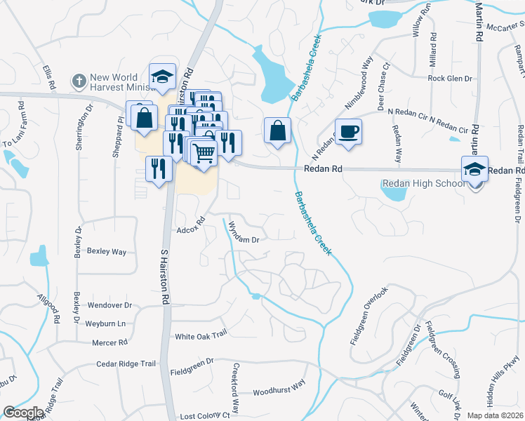 map of restaurants, bars, coffee shops, grocery stores, and more near 4838 Claymore Court in Stone Mountain