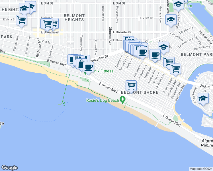 map of restaurants, bars, coffee shops, grocery stores, and more near 2 Quincy Avenue in Long Beach