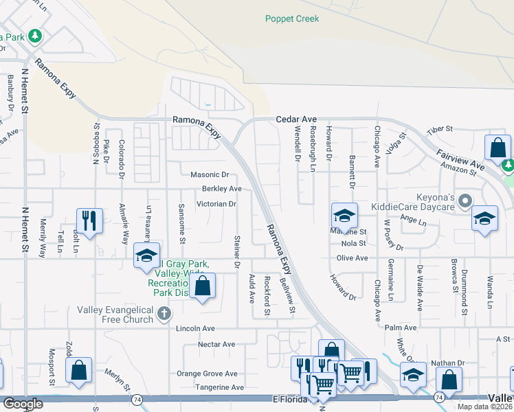 map of restaurants, bars, coffee shops, grocery stores, and more near 25081 Wagner Way in Hemet