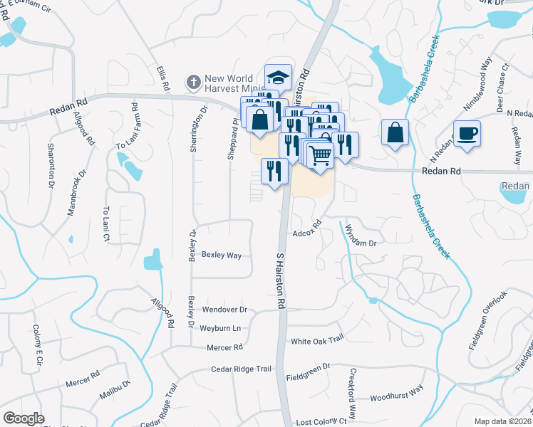 map of restaurants, bars, coffee shops, grocery stores, and more near 1295 South Hairston Road in Stone Mountain