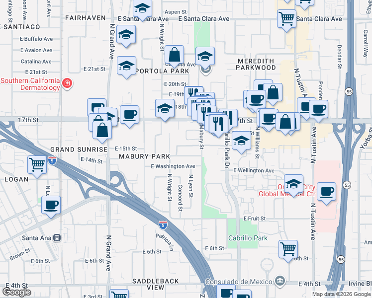 map of restaurants, bars, coffee shops, grocery stores, and more near 1641 East 14th Street in Santa Ana