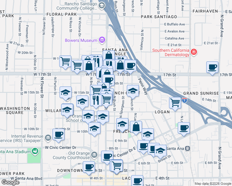 map of restaurants, bars, coffee shops, grocery stores, and more near 1424 North Spurgeon Street in Santa Ana