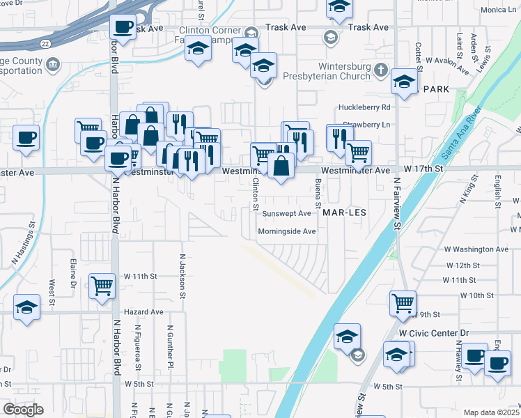map of restaurants, bars, coffee shops, grocery stores, and more near 1300 Clinton Street in Santa Ana