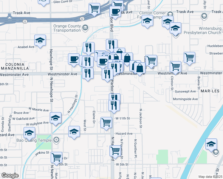map of restaurants, bars, coffee shops, grocery stores, and more near 1416 North Harbor Boulevard in Santa Ana