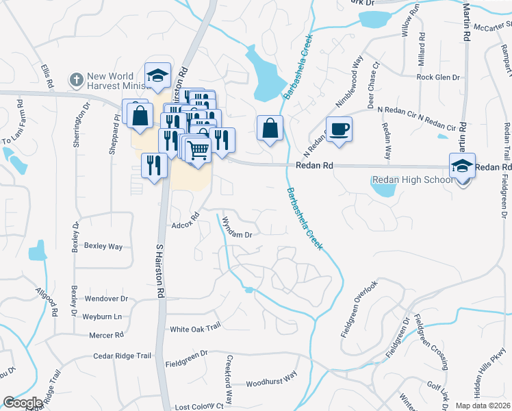 map of restaurants, bars, coffee shops, grocery stores, and more near 4838 Claymore Court in Stone Mountain