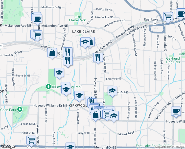 map of restaurants, bars, coffee shops, grocery stores, and more near 180 Howard Street Northeast in Atlanta