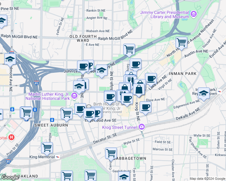 map of restaurants, bars, coffee shops, grocery stores, and more near 601 Irwin Street Northeast in Atlanta
