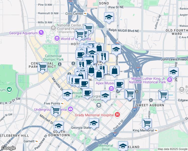 map of restaurants, bars, coffee shops, grocery stores, and more near in Atlanta