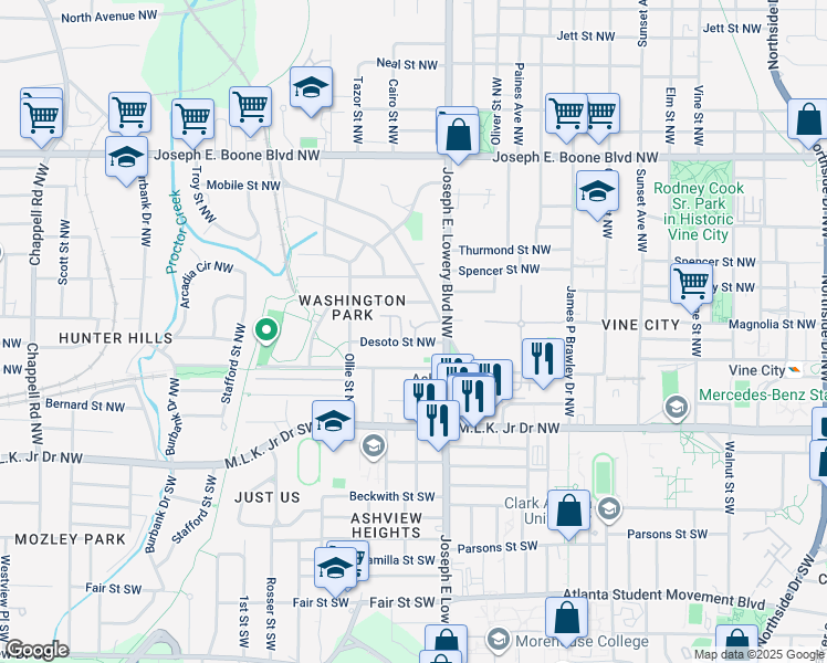 map of restaurants, bars, coffee shops, grocery stores, and more near 945 Desoto Street Northwest in Atlanta