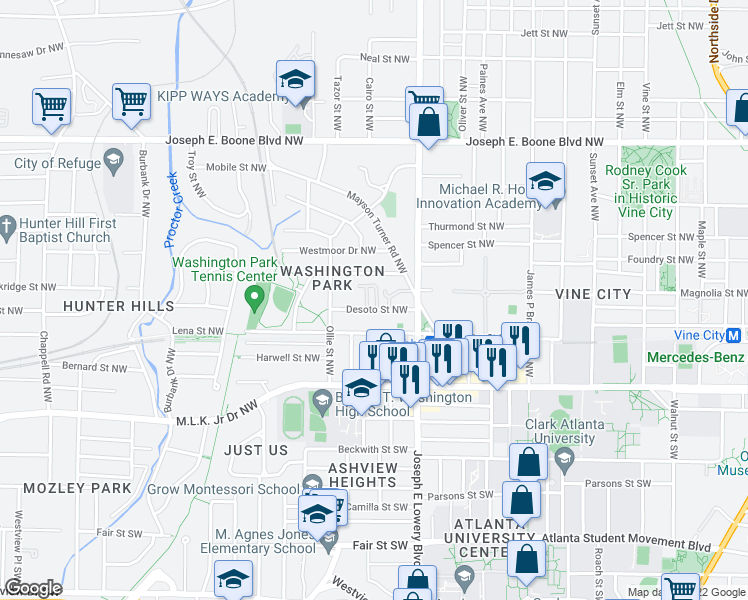 map of restaurants, bars, coffee shops, grocery stores, and more near 977 Desoto Street Northwest in Atlanta