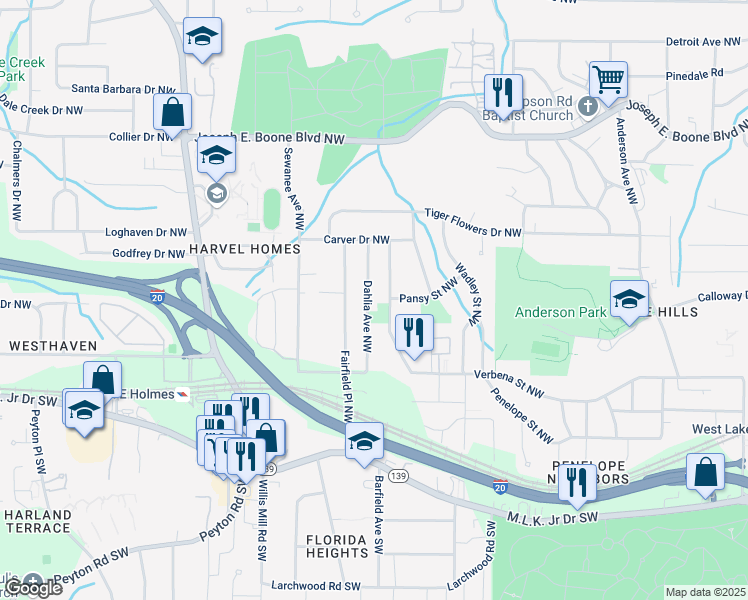 map of restaurants, bars, coffee shops, grocery stores, and more near 139 Dahlia Avenue Northwest in Atlanta