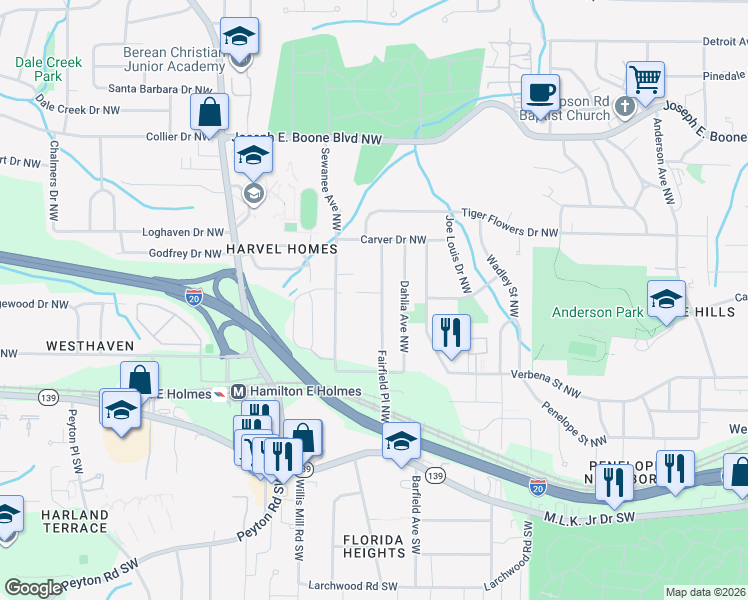 map of restaurants, bars, coffee shops, grocery stores, and more near 140 Fairfield Place Northwest in Atlanta