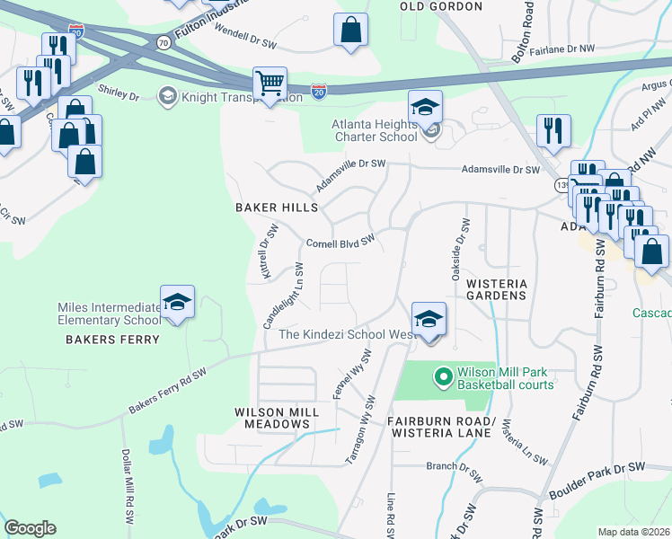 map of restaurants, bars, coffee shops, grocery stores, and more near 123 Burre Lane Southwest in Atlanta