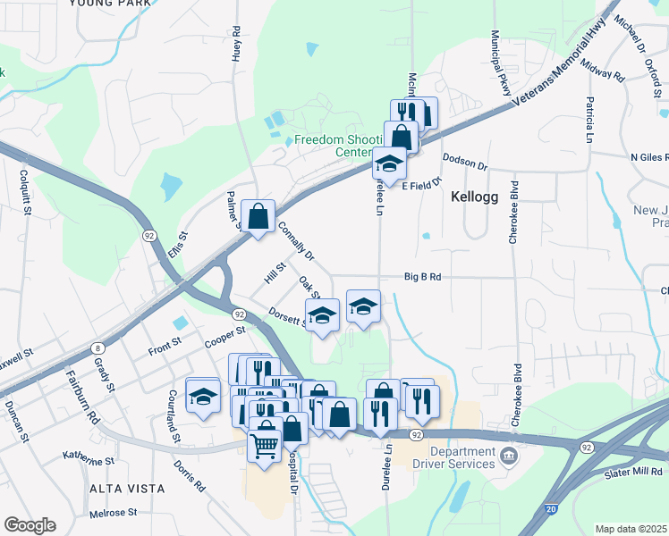 map of restaurants, bars, coffee shops, grocery stores, and more near 8136 Connally Drive in Douglasville