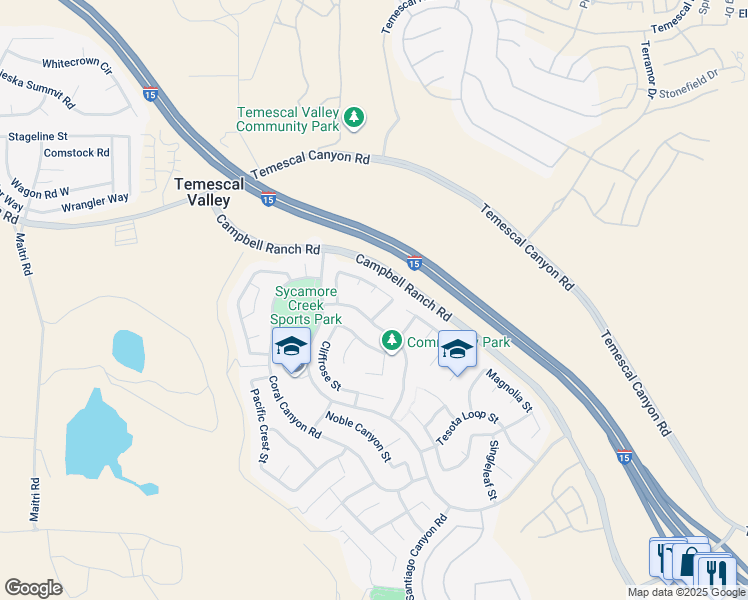map of restaurants, bars, coffee shops, grocery stores, and more near 24932 Greenbrier Court in Corona